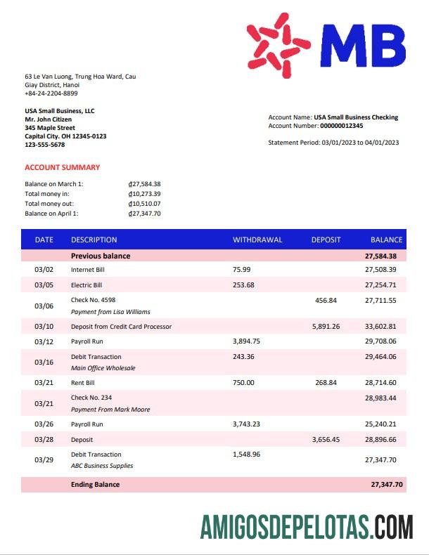 Realista MB Bank Company Statement Modelo Word e PDF